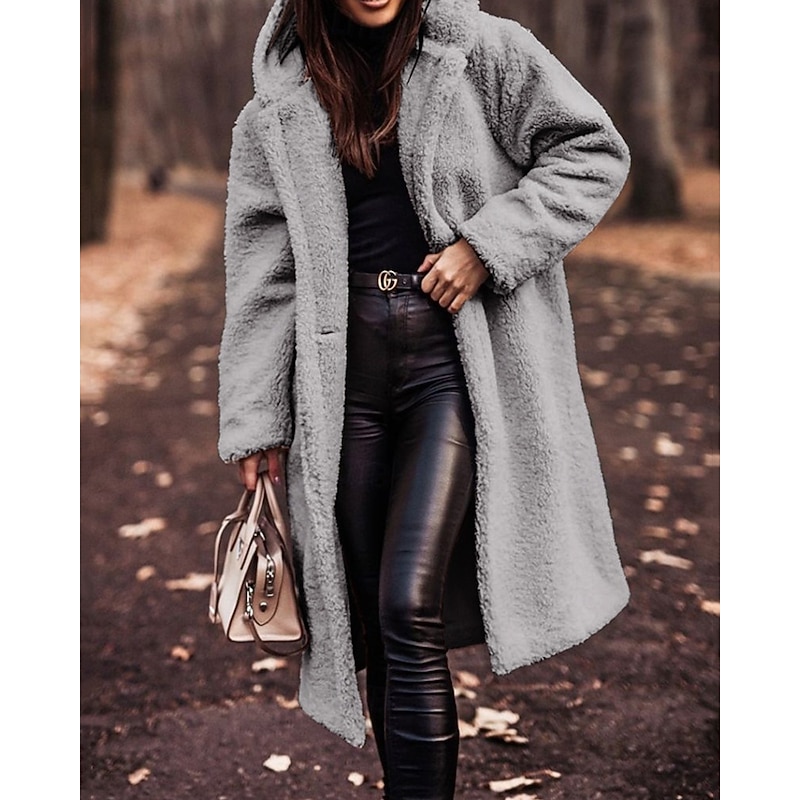 Women's Winter Coat Fleece Jacket Warm Comfortable Pocket Buttons Open Front Fashion Casual Plain Vacation Street Casual Daily Wear Single Breasted Long Hooded Regular Fit Long Sleeve Outerwear Gray