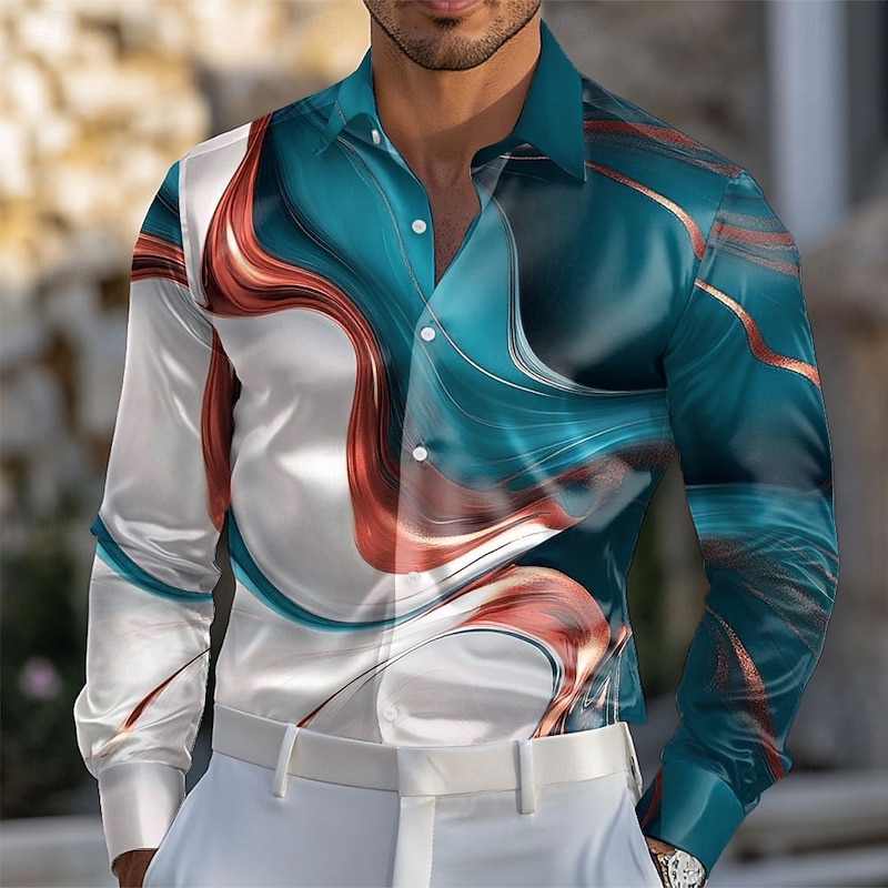Men's Geometric Pattern Marble Abstract Liquid Art Shirt Satin Shirt Dress Shirt Long Sleeve Fashion Casual Vacation Dailywear Summer Spring Fall Turndown 3D Print Button Up Shirts Burgundy Blue3