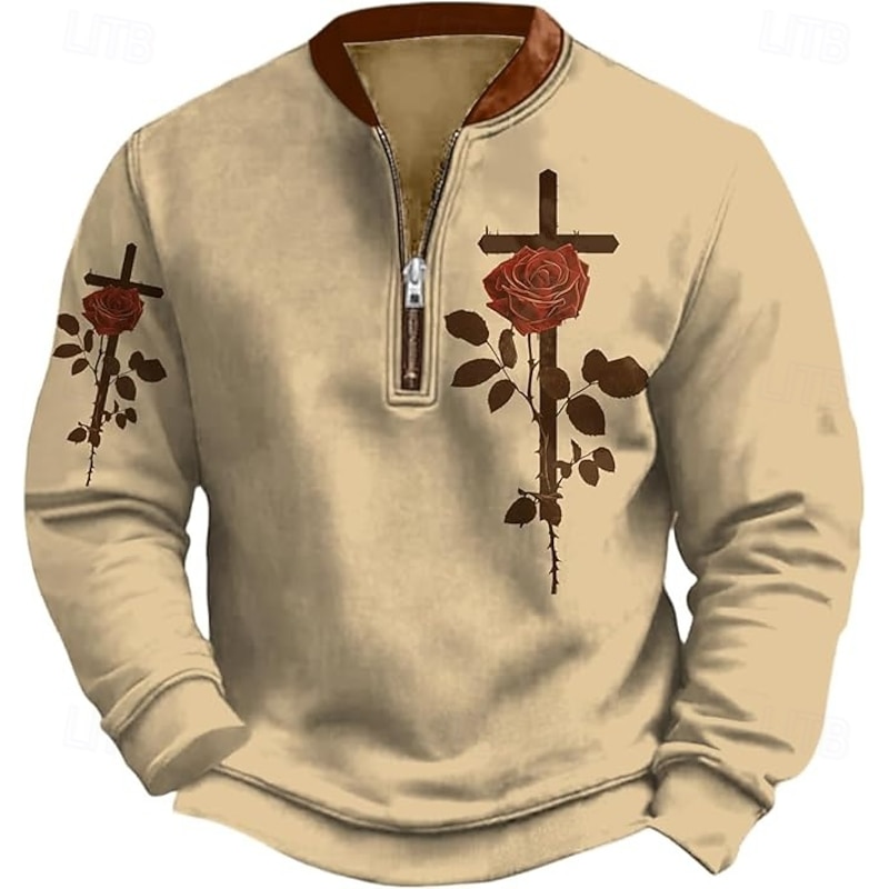 Men's Quarter Zip Sweatshirt Black Khaki Half Zip Cross Rose Front Pocket Quarter Zip Daily Holiday Going out Polyester Vintage Streetwear Retro Fall Winter Clothing Apparel Hoodies Sweatshirts