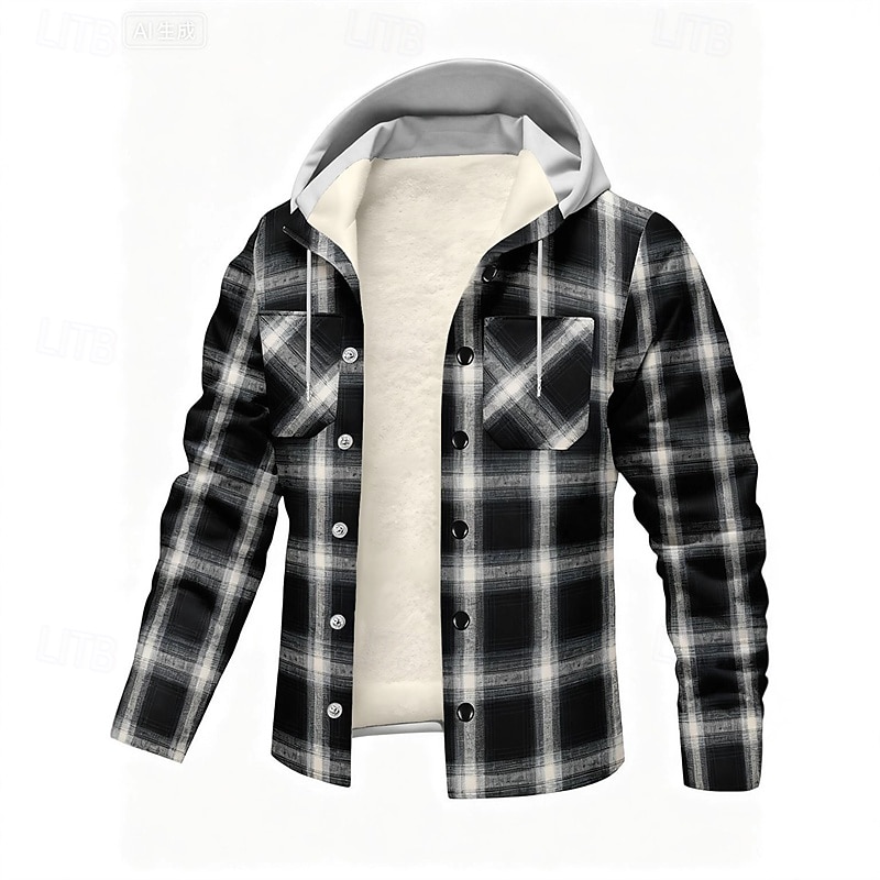 Men's Fleece Jacket Casual Jacket Hoodie Jacket Vacation Daily Thermal Warm Pocket Fleece Fall Winter Plaid Fashion Streetwear Hooded Regular Black Green Dark Blue Jacket2