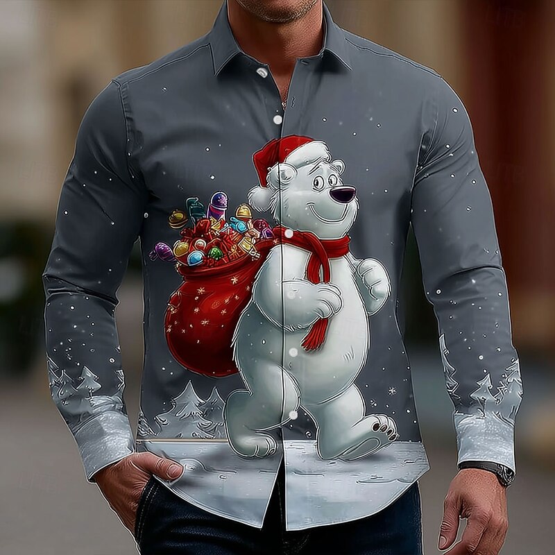 Christmas Men's Bear Snowman Christmas Gift Shirt Button Up Shirt Long Sleeve Funny Outdoor Holiday Spring Fall Turndown 3D Print Collared Shirts Gray 2# Gray 1# Gray 3# Gray3