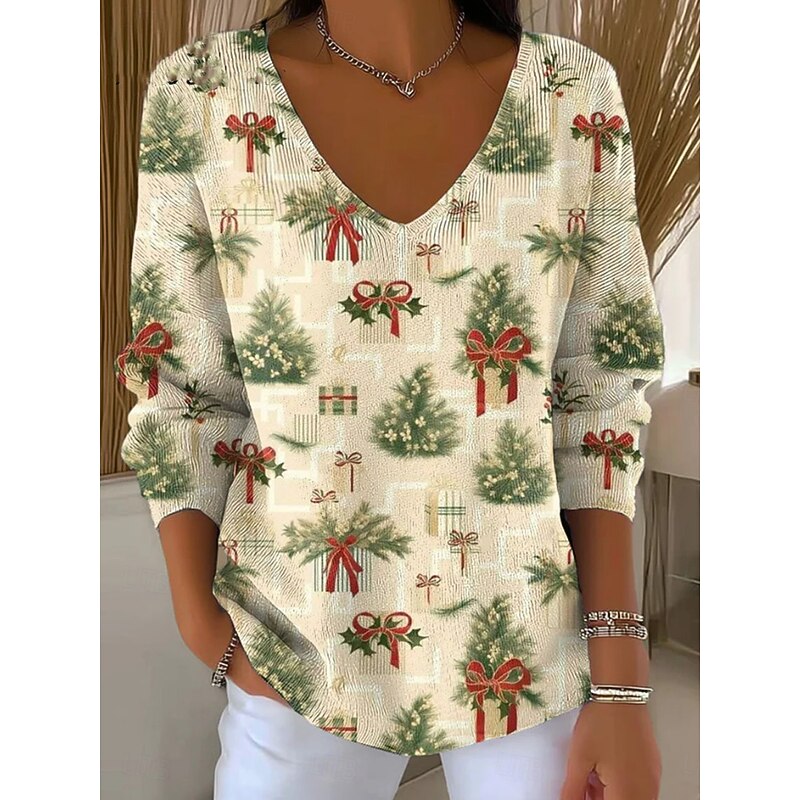 Women's Sweater Casual Soft Christmas Tree Ribbed V Neck Knitted Print Long Sleeve Regular Tops Knit Outdoor Daily Weekend Black Light Green Fall Winter2