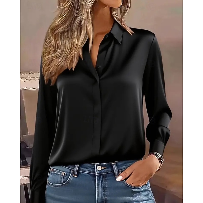 Women's Shirt Elegant Dressy Satin Plain Elegant Stylish Long Sleeve Shirt Collar Regular Tops Holiday Going out Buttons Black White Spring Fall3