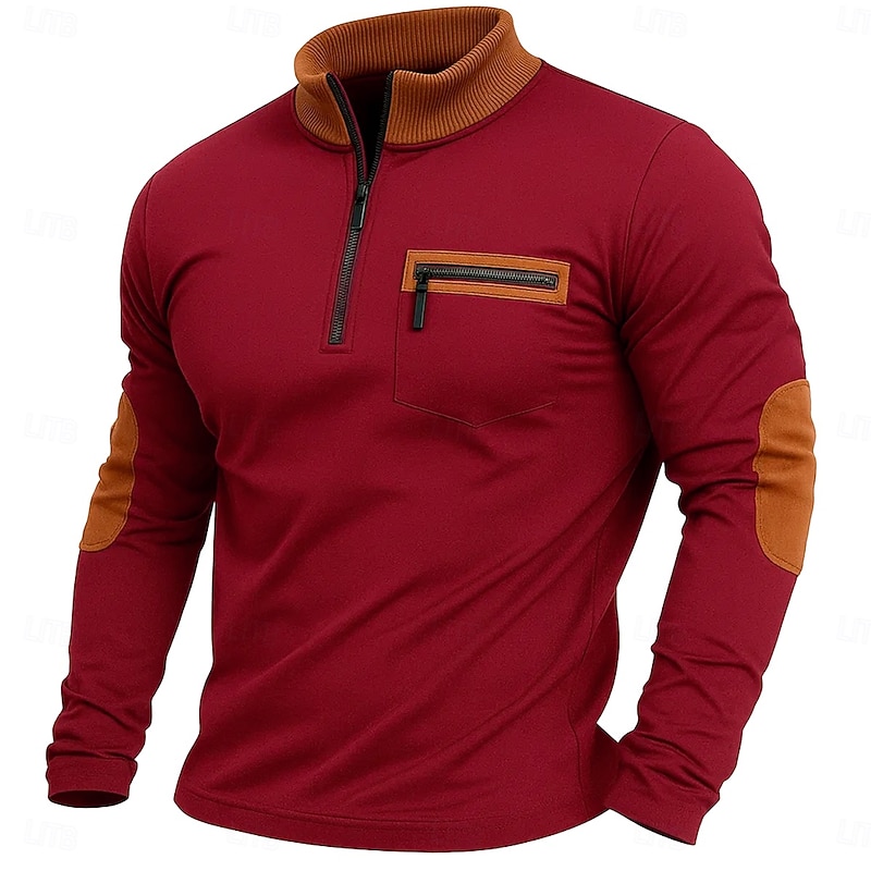 Men's Tee Top Long Sleeve Shirt Long Sleeve Stand Collar Half Zip Summer Solid Color Daily Casual Street Style Pockets Color Block Outdoor Street Causal Black Wine Navy Blue Top Tee for Men