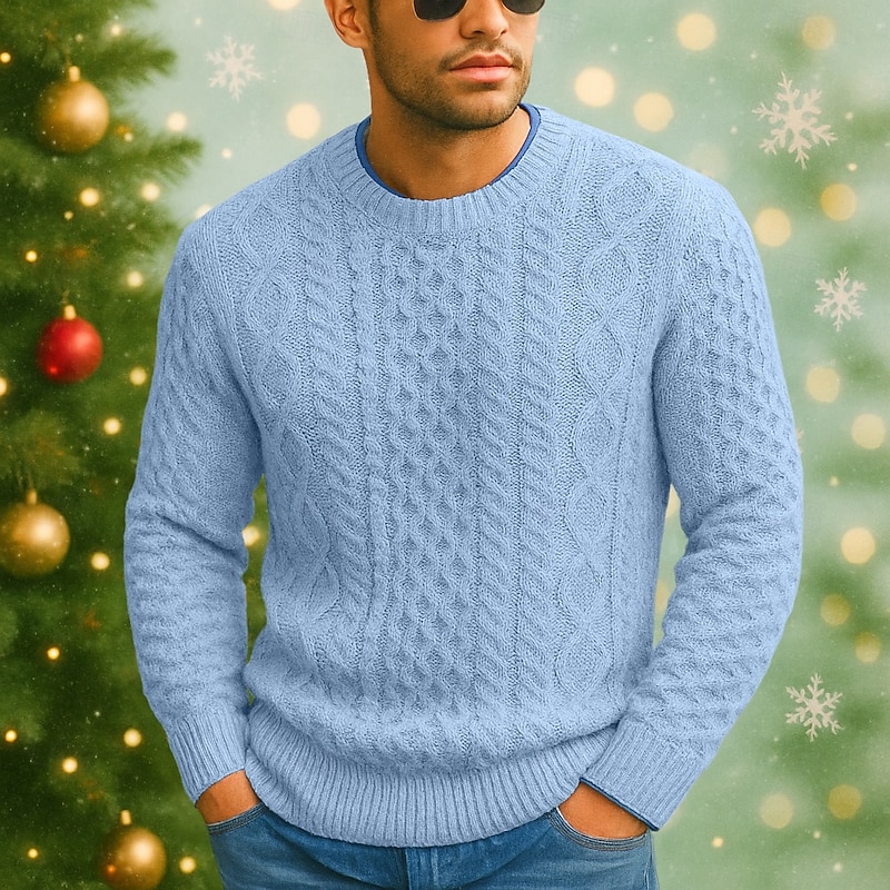 Men's Sweater Pullover Sweater Jumper Cable Knit Regular Tops Knitted Slim Fit Plain Crewneck Christmas Knitwear Christmas Casual Clothing Apparel Fall Winter Black Pink M L XL