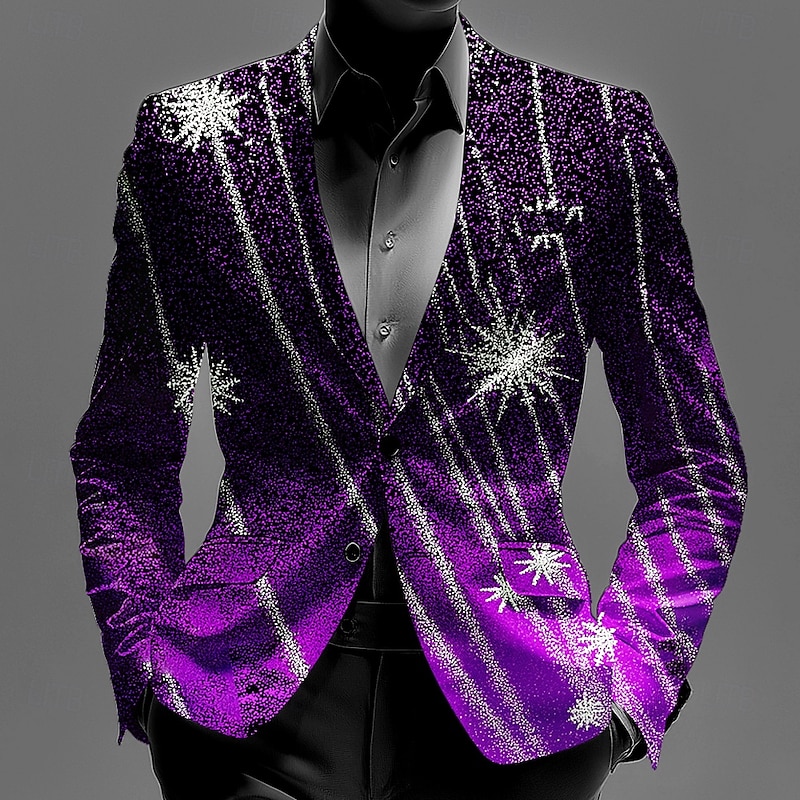 Men's Blazer Coat Christmas Casual Casual Daily Fall / Winter 100% Polyester Snowflake 3D Print Buttons Thermal Warm Comfortable Single Breasted Blazer Red Navy Blue Blue Purple2