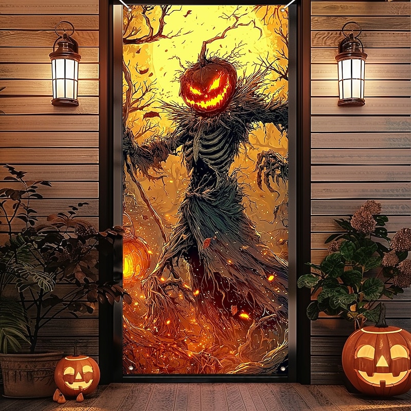 Halloween Door Covers Pumpkin and Scarecrow Tapestry Door Curtain Decoration, Spooky Harvest Backdrop Door Banner for Front Door Indoor Outdoor Haunted House Halloween Party Decor