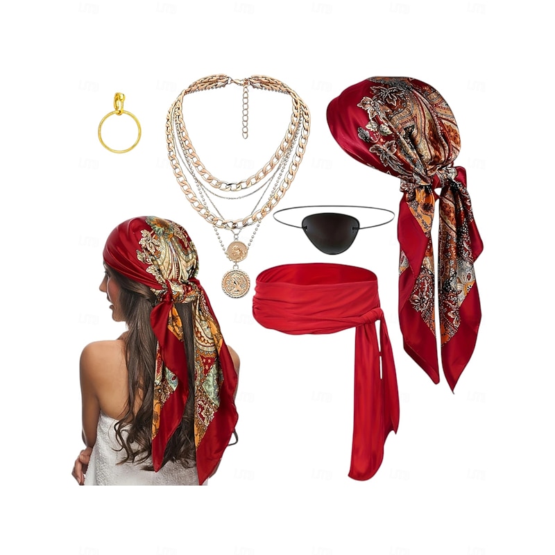 Women-s Halloween Red Bandana Set - Scarves, Chain Necklace, Eye Mask, and Accessories for Halloween Costume Party