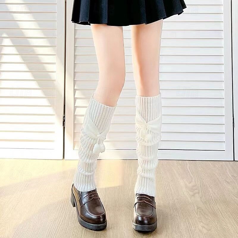 Cute Lolita Bow Ball Knee High Socks, Solid Color Ruffled Sock Covers, JK School Uniform Style, Spring and Summer Women Knit Calf Socks4