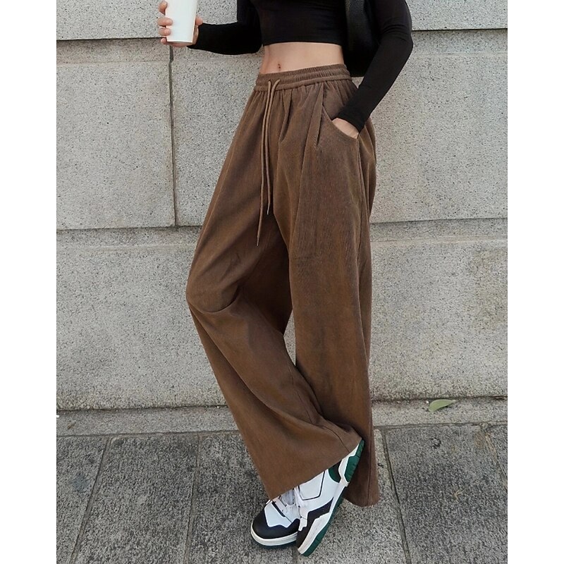 Women's Culottes Wide Leg Chinos Streetwear Casual Full Length Medium Waist Plain Drawstring Pocket Comfortable Micro-elastic Outdoor Vacation Street Brown Fall Winter Loose Fit4