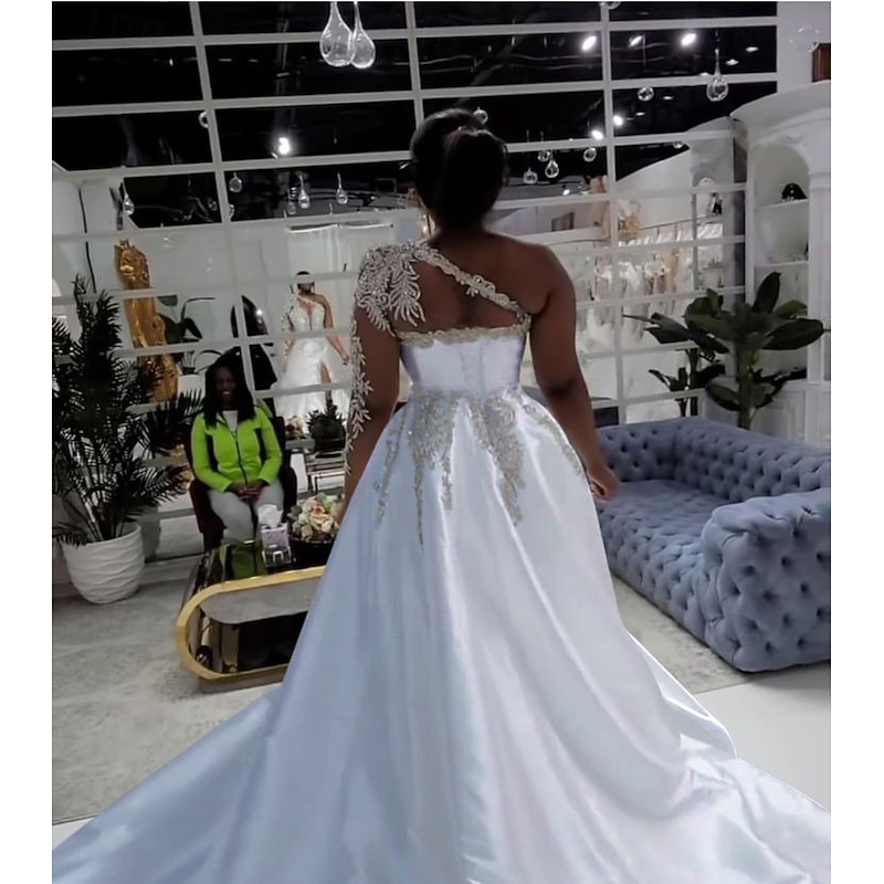 Formal Wedding Dresses Ball Gown One Shoulder Regular Straps Court Train Satin Bridal Gowns With Beading Split Front2