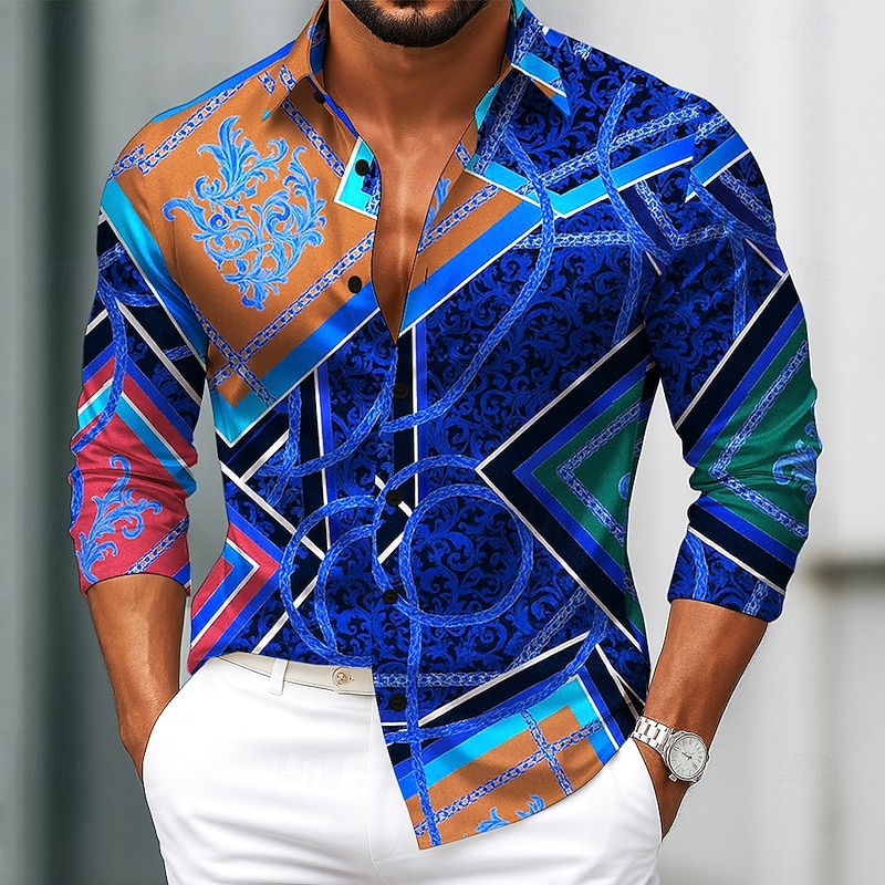 Men's Baroque Intricate Floral Shirt Satin Shirt Dress Shirt Long Sleeve Vintage Retro Vacation Dailywear Summer Spring Fall Turndown 3D Print Button Up Shirts Yellow Blue3