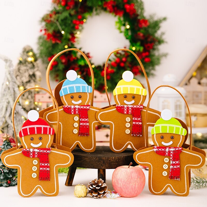 4PCS Christmas Gingerbread Gift Bags, Double-Sided Cartoon Gingerbread Man Tote Bags, Holiday Candy Bags for Kids, Xmas Party Favor Bags