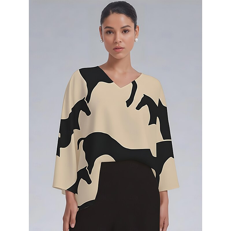 Women's Blouse Satin Abstract Color Block Loose Dolman Sleeve V Neck Pullover Casual Elegant Spring Summer Fall3