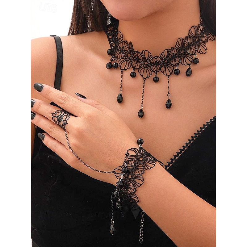 Women's Halloween Gothic Lace Choker Necklace and Earrings Set – Vintage Black Jewelry with Chains for Costume Party and Cosplay