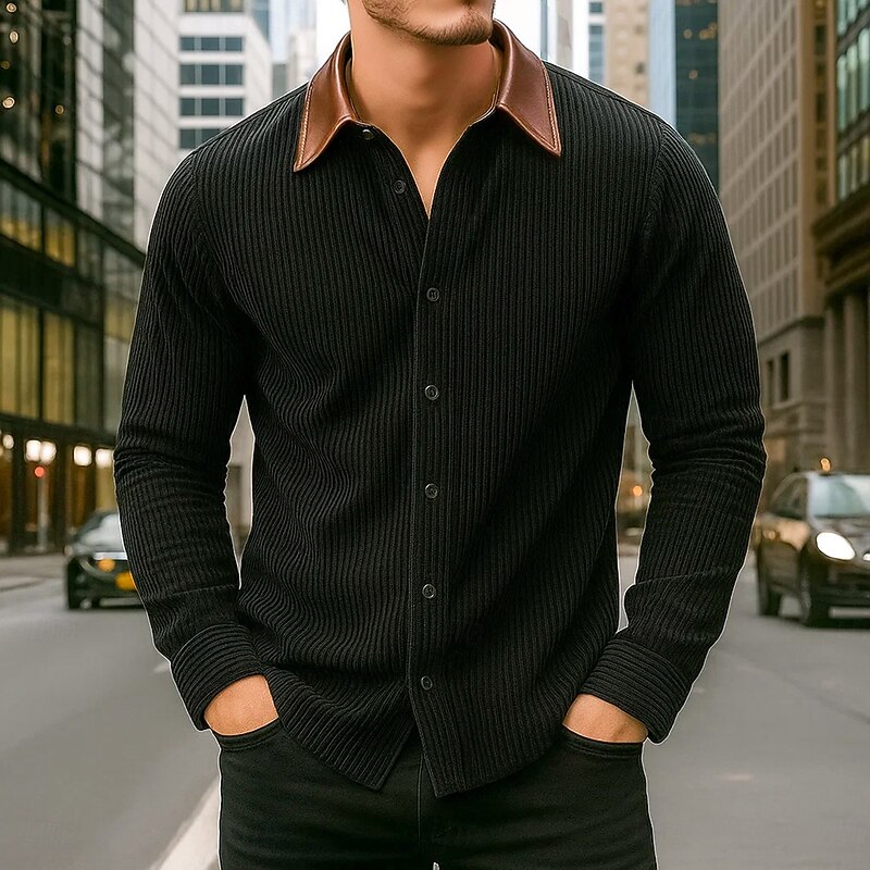 Men's Corduroy Shirt Black Navy Blue Brown Gray Long Sleeve Striped Turndown School Training Buttons Clothing Apparel Vintage Casual4