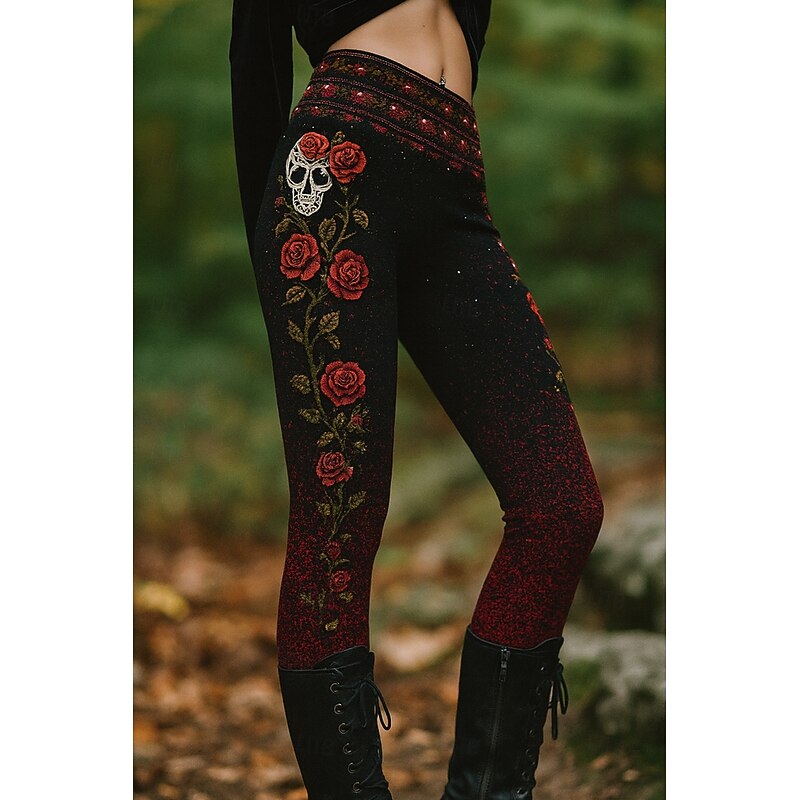 Halloween Women's Leggings Vacation Vintage Ethnic Style Full Length High Waist Graphic Skull 3D Print Quick Dry Breathability Soft Stretchy Outdoor Home Causal Pink Red Blue Purple Fall Slim Fit - Main Image