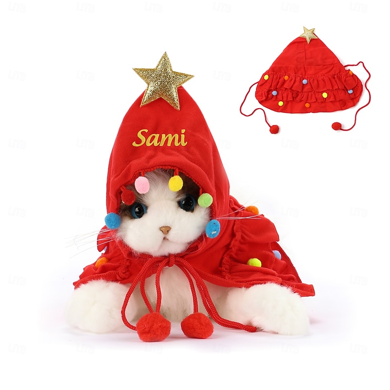 Personalized Pet Christmas Tree Shawl & Santa Hat Custom Embroidered Name, Holiday Outfit for Small & Medium Dogs and Cats, Unique Christmas Gift for Pet Lover