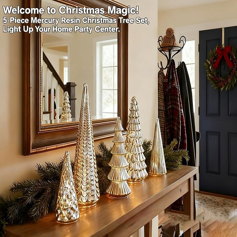 BFF Collection Set of 5 Illuminated Mercury Trees, Mercury Resin Christmas Tree Stylish Lighted Figurine for Xmas Home Party Centerpiece3