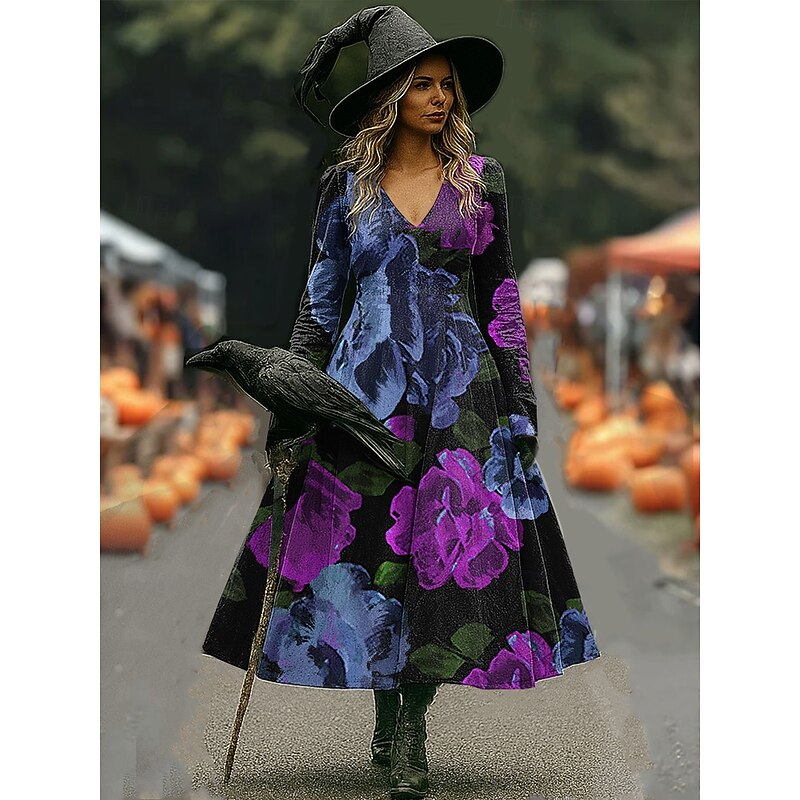 Women's Maxi Dress A Line Dress Vacation Casual Daily Holiday Date Regular Fit Floral Graphic Long Sleeve V Neck Blue Purple Orange Fall Winter2