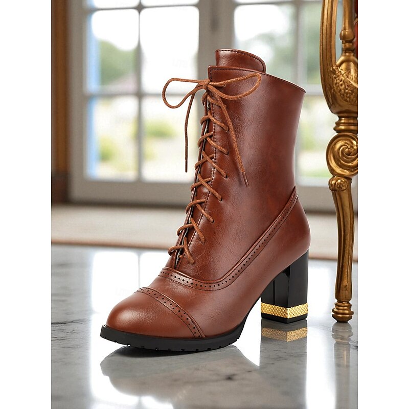Women's Brown Faux Leather Victorian Lace-Up Ankle Boots – 1950s Vintage Mid-Calf Heels with Brogue Detailing for Fall Outfits and Formal Wear2