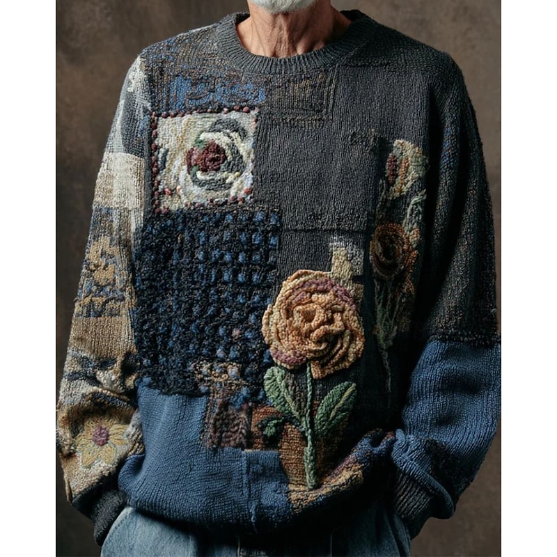 Men's Pullover Sweater Jumper Knit Sweater Ribbed Knit Regular Tops Knitted Print Floral Print Crew Neck Country Vintage Retro Vacation Daily Wear Clothing Apparel Fall Winter Gray S M L2