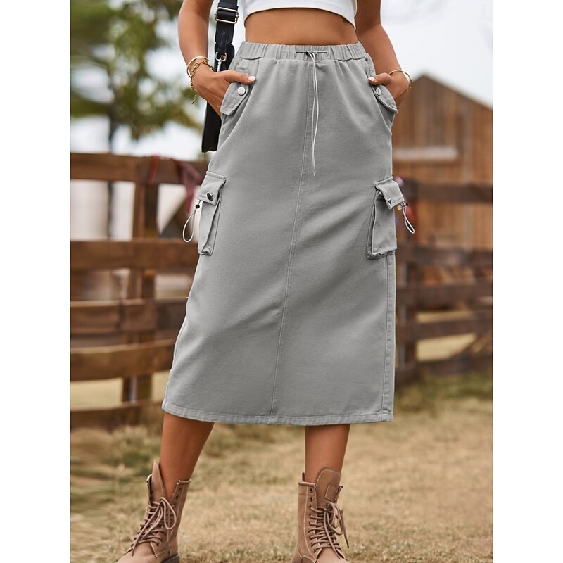 Women's Skirt A Line Bodycon Fashion Casual Midi High Waist Skirts Plain Drawstring Pocket Micro-elastic Street Daily Black Green Khaki Gray Summer Denim2