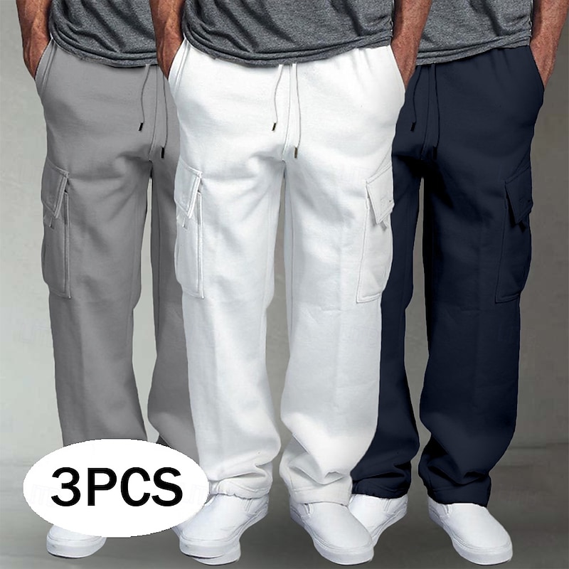 Men's Cargo Sweatpants Fleece Pants Joggers Trousers Straight Leg Sweatpants Drawstring Elastic Waist Multi Pocket Solid Color Windproof Outdoor Full Length Outdoor Casual Daily Fashion Streetwear
