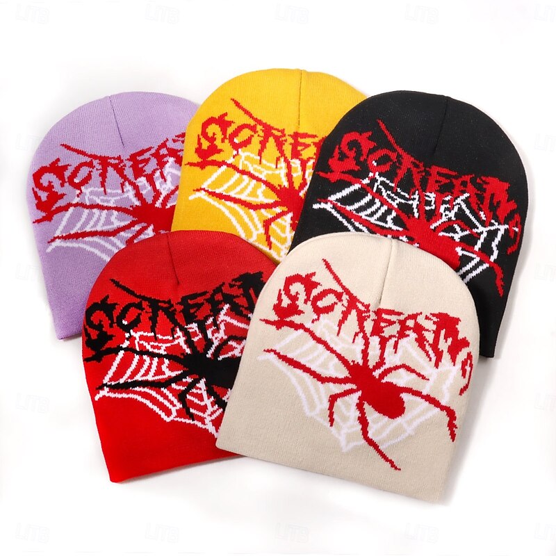 Men's Unisex Beanie Hat Winter Hats Beanies Skull Cap Knit Hat Black Yellow Acrylic Fibers Jacquard Knitted Cozy Halloween Daily Wear Festival Spider Letter Spider web Warm3