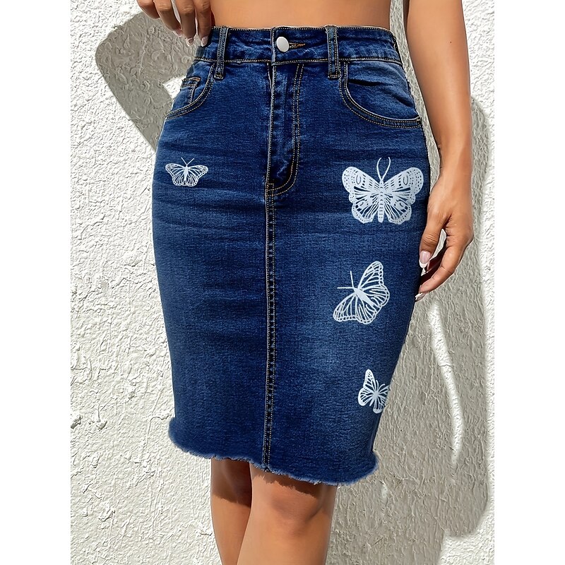 Women's Skirt Bodycon Fashion Casual Knee-length High Waist Skirts Butterfly Pocket Print Micro-elastic Street Daily Black Navy Blue Blue Spring Polyester Denim