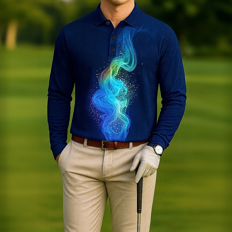 Men's Graphic Golf Polo Long Sleeve Polo Shirts Lapel Casual Outdoor Athleisure Daily Wear 3D Print Buttons Spring Fall Winter Black Dark Blue Light Blue3