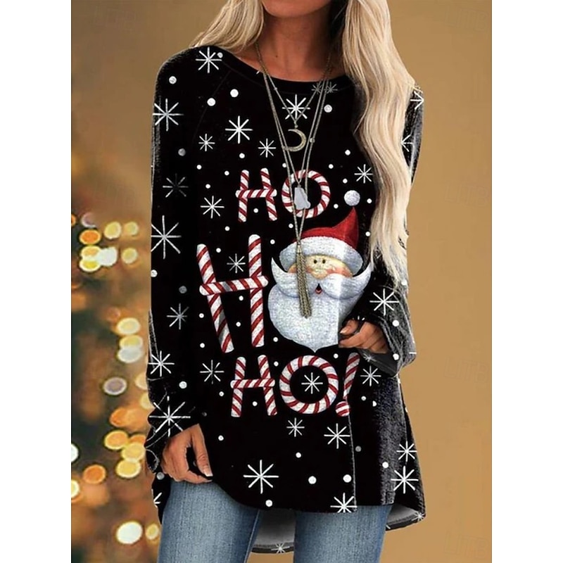 Christmas Women's T Shirt Graphic Santa Claus Christmas Tree Vintage Stylish Classic Long Sleeve Crew Neck Round Neck Long Tops Daily Going out Weekend Print Black Red Gray Spring Fall Winter2