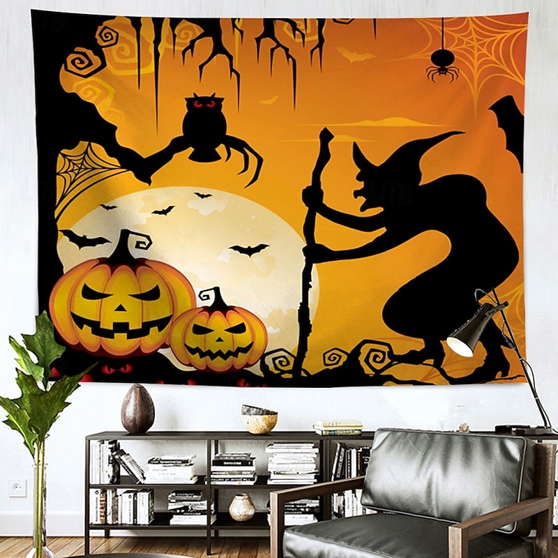 Halloween Witch Pumpkin Sunset Tapestry Peach Velvet Wall Banner Silhouette Bats Bare Trees Scary Night Halloween Party Decoration Photography Background2