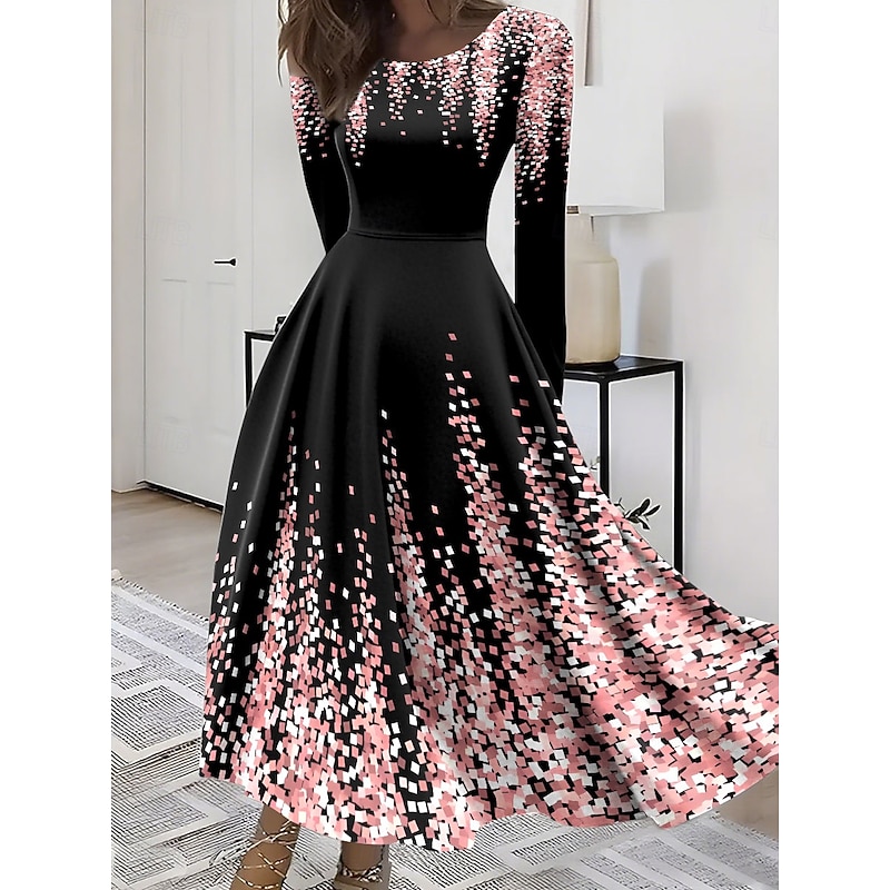 Women's Midi Dress A Line Dress Fit And Flare Dress Vacation Casual Boho Party Daily Going out Regular Fit Ombre Graphic Long Sleeve Crew Neck Pink Blue Purple Green Summer Spring Fall Winter