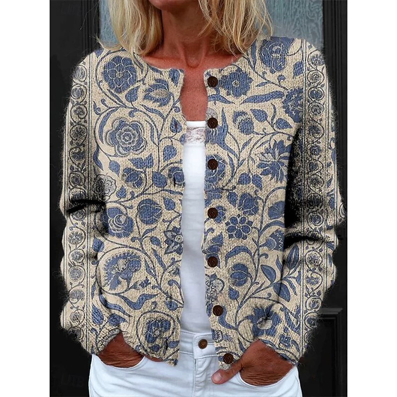 Women's Cardigan Daily Floral Graphic Ribbed Crew Neck Floral Buttons Print Long Sleeve Regular Tops Knit Outdoor Weekend Dusty Blue Fall Winter