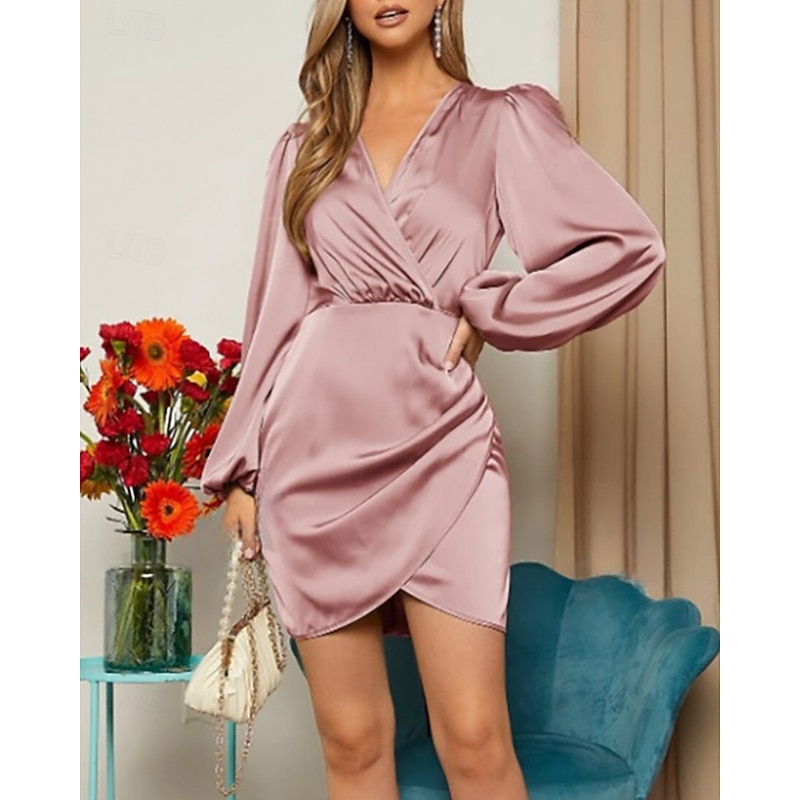 Women's Mini Dress Party Dress Cocktail Dress Satin Dress Wrap Dress Fashion Modern Party Evening Party Cocktail Party Regular Fit Plain Long Sleeve V Neck Black Pink Royal Blue Dark Green Fall Winter