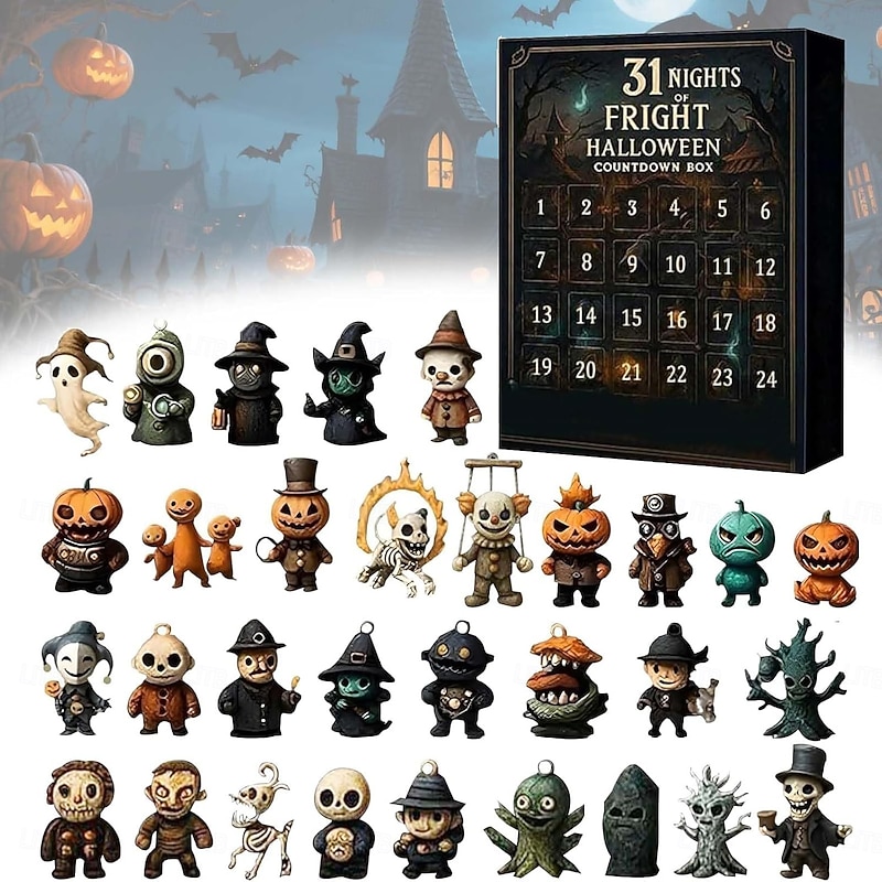 7/15/31 Days Nights of Fright Halloween Countdown Box with Figurines Halloween Advent Calendar 2025 Gift Box Scary Doll Collectible Horror Figures Hanging Charms & Mini Decorations