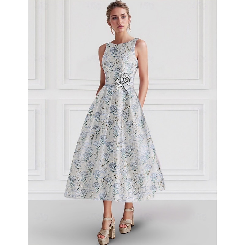 Jacquard Floral A-Line Cocktail Dresses Elegant Dress Formal Wedding Ankle Length Sleeveless Crew Neck Nylon with Floral Print Pocket Wedding Guest Dress