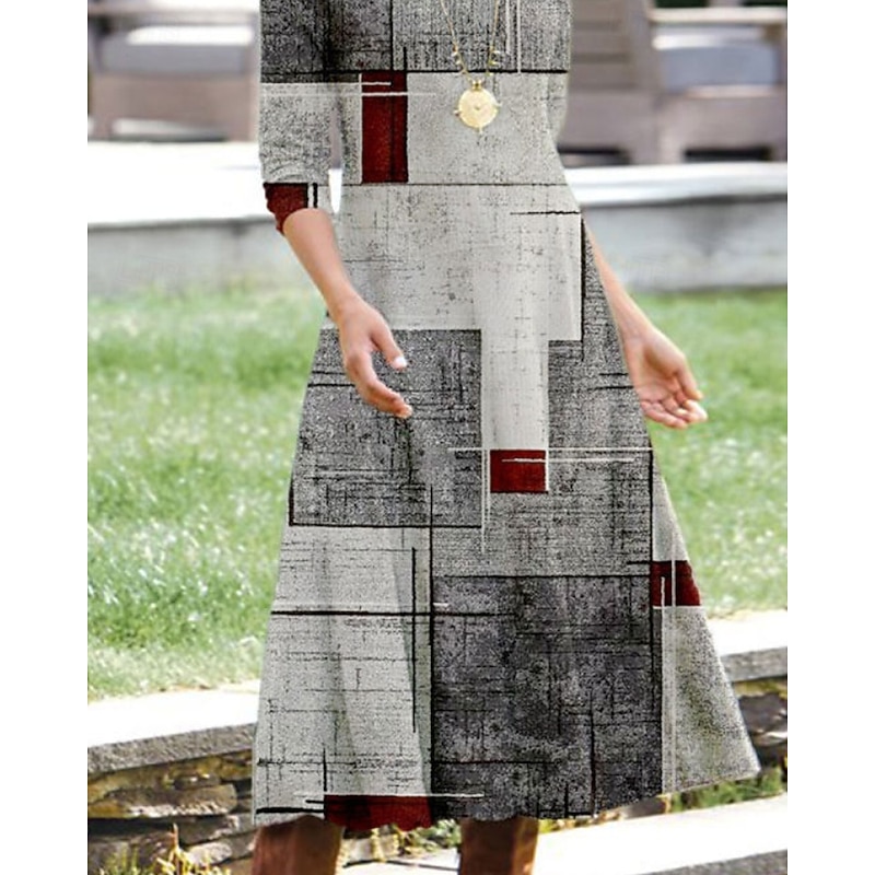 Women's Midi Dress Casual Dress Modern Vacation Daily Holiday Regular Fit Geometric Abstract 3/4 Length Sleeve V Neck Light Grey Spring Fall3