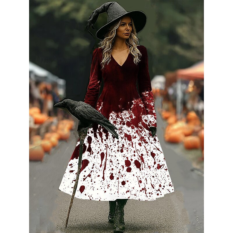 Halloween Women's Midi Dress A Line Dress Vacation Casual Boho Beach Regular Fit Graphic Abstract Long Sleeve V Neck White Dark Red Wine Brown Spring Fall Winter