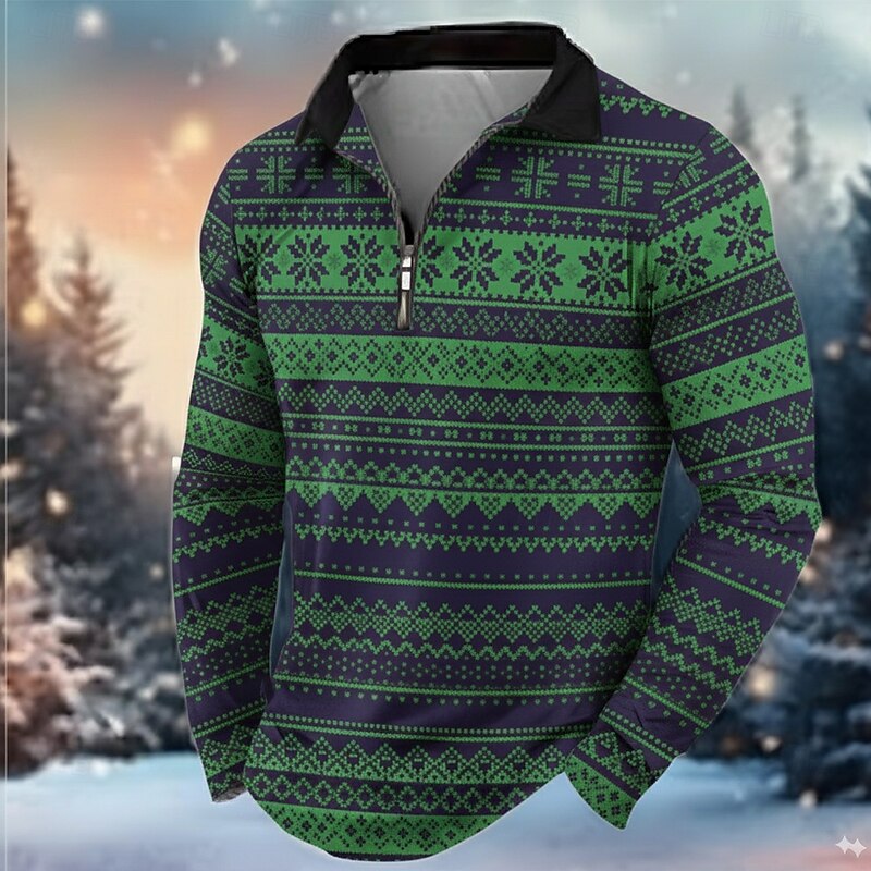 Christmas Men's Snowflake Polo Long Sleeve Turndown Modern Leisure Casual Daily Festival Zipper 3D Print Spring Fall Winter Green Red Gray3