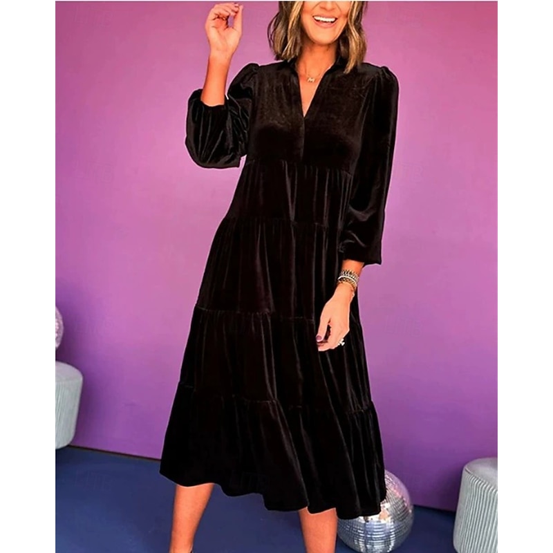 Women's Midi Dress Velvet Dress Cocktail Dress Elegant Fashion Modern Outdoor Party Party Evening Wear Regular Fit Plain Long Sleeve V Neck Black Yellow Wine Blue Spring Autumn2