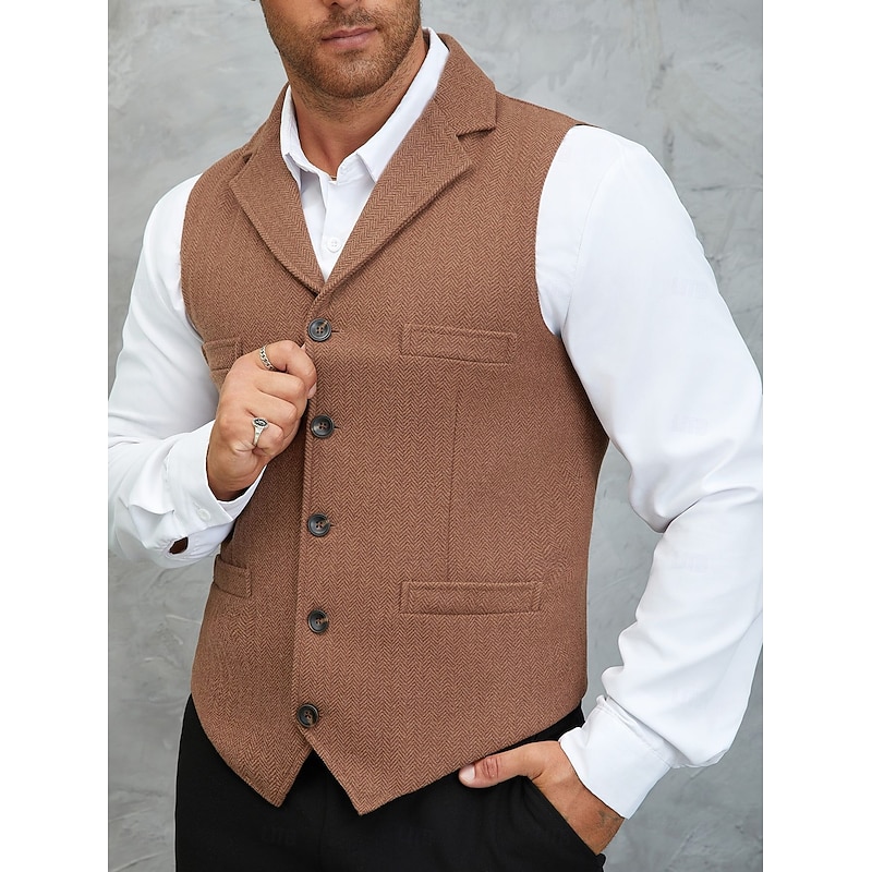 Men's Tweed Vest Waistcoat Formal Wedding Vacation Daily Fashion Classic Spring Fall Pocket Buttons Tweed Polyester Comfortable Plain Herringbone Single Breasted Notch lapel collar Regular Fit Black4