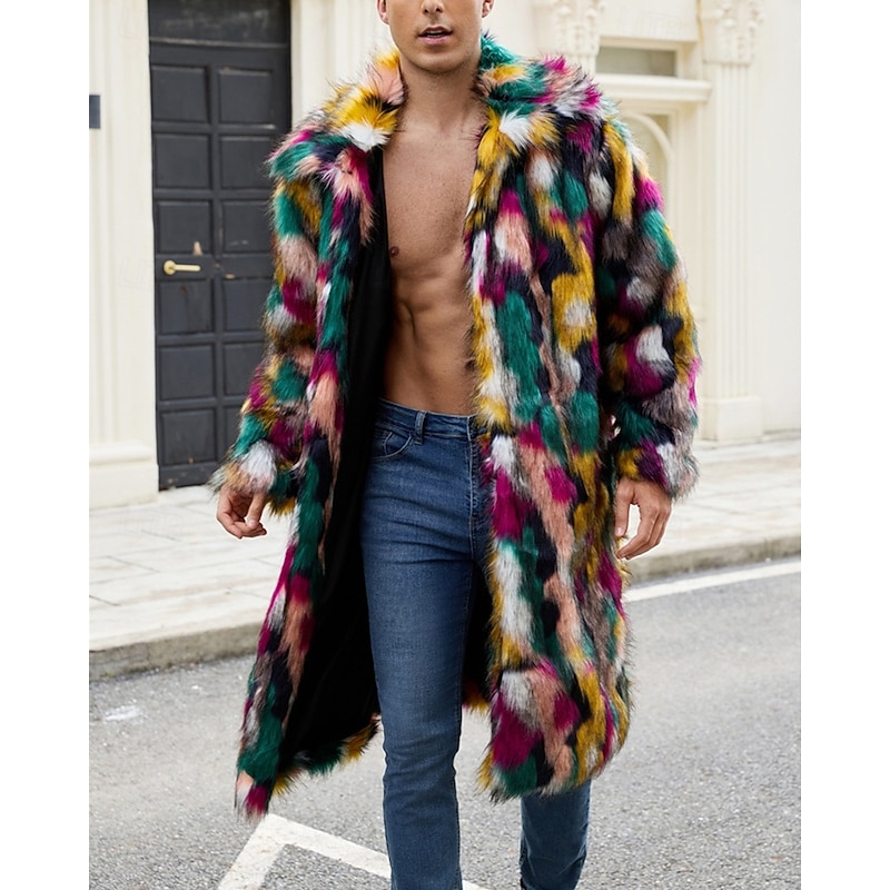 Men's Casual Jacket Faux Fur Coat Vacation Daily Thermal Warm Plush Fall Winter Rainbow Fashion Streetwear Lapel Long Rainbow Jacket
