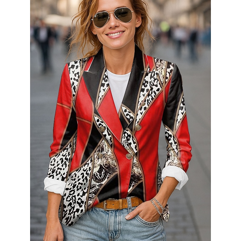 Women's Blazer Comfortable Breathable Buttons Print Fashion Casual Leopard Office Street Casual Daily Wear Double Breasted Regular Notch Lapel Regular Fit Long Sleeve Outerwear Black Yellow Red