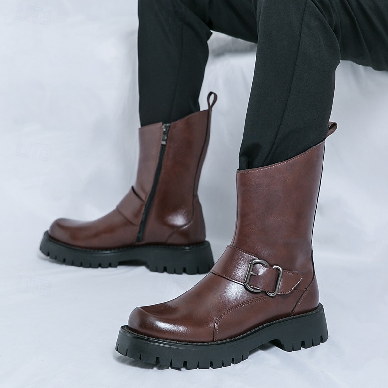 Men's Mid - Calf PU Leather Fashion Boots with Buckle Strap | Chunky Sole for Urban Style & Durability2