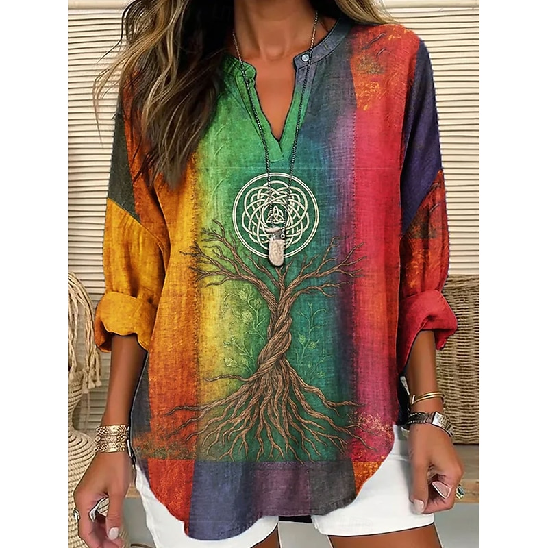 Women's Blouse Graphic Geometric Color Gradient Vintage Tropical Hawaiian Long Sleeve V Neck Regular Tops Daily Holiday Beach Wear Print Yellow Red Blue Purple Spring Fall Winter