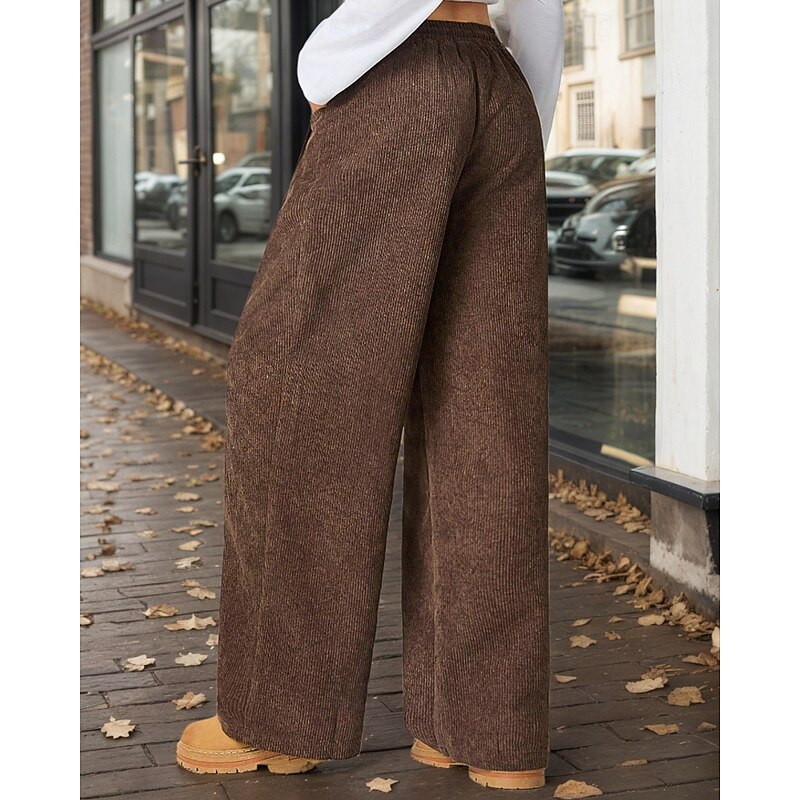 Women's Culottes Wide Leg Chinos Streetwear Casual Full Length Medium Waist Plain Pocket Elastic Drawstring Design Comfortable Micro-elastic Outdoor Vacation Daily Dark Brown Fall Winter Regular Fit4