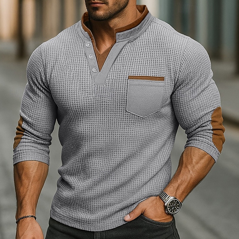 Men's Waffle Tee Waffle Henley Shirt Long Sleeve Stand Collar Spring &  Fall All Seasons Solid Color Fashion Basic Casual Pockets Fake two piece Street Casual Sports Black Navy Blue Army Green Top