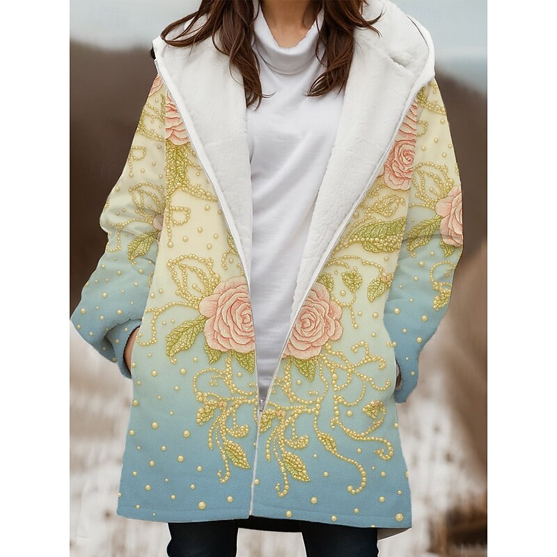Women's Winter Coat Winter Jacket Windproof Warm Zipper Pocket Fleece Lined Casual Floral Outdoor Vacation Home Casual Long Hooded Regular Fit Long Sleeve Outerwear Pink Blue Purple Winter2